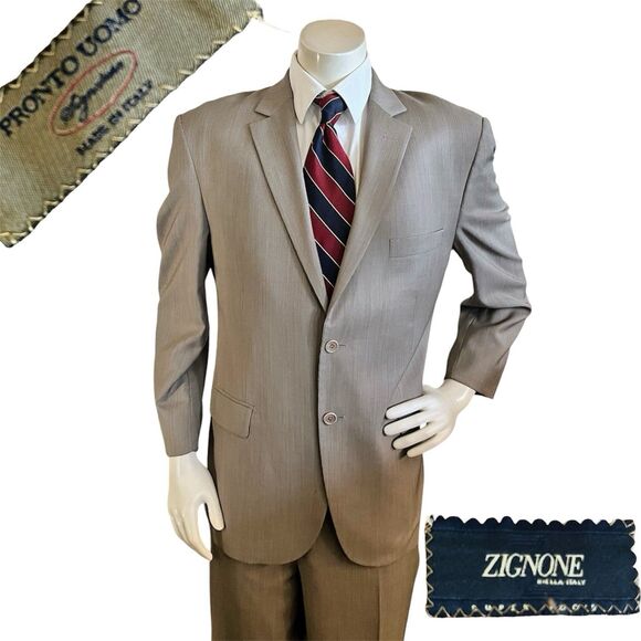 Pronto Uomo Signature Men 2pc Suit 42R 37x29 Zignone Wool Super 100s Made Italy - Picture 1 of 16